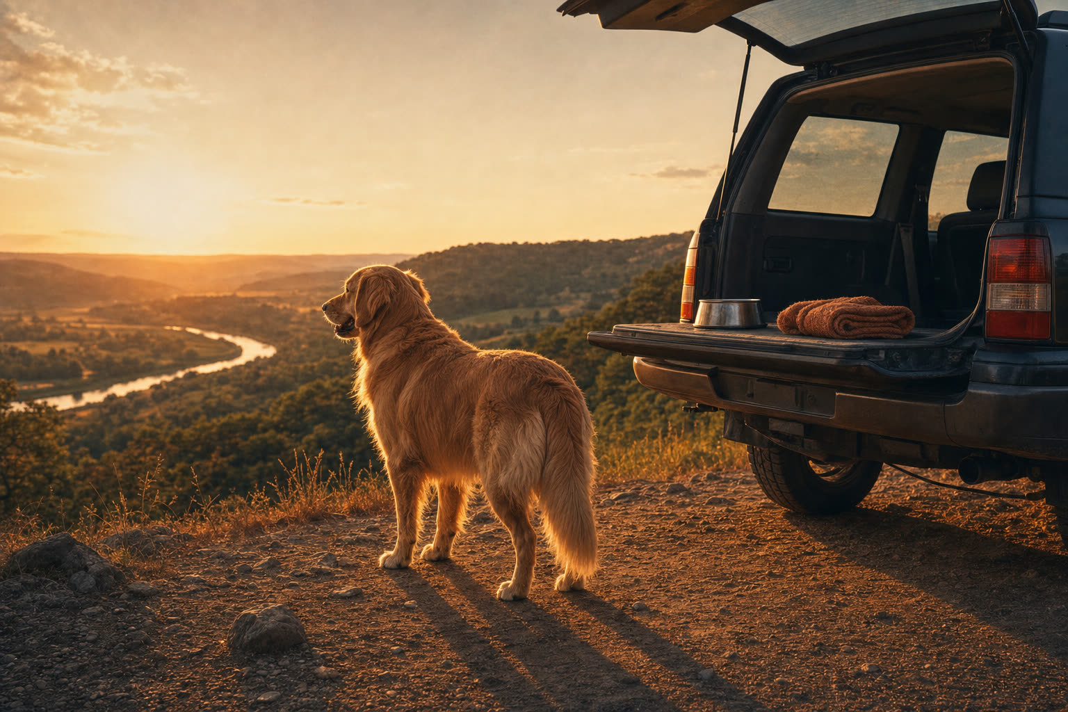A golden retriever standing on a rural overlook at golden hour, backlit by the setting sun, with an older SUV parked beside her, its tailgate open with a water bowl and towel.