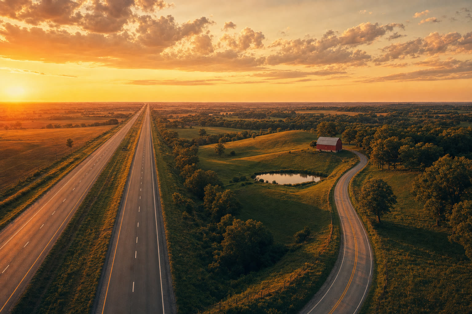 An aerial view of two roads diverging at golden hour: a geometric flat interstate on the left stretching to a distant vanishing point, and a small country road curving through wooded hills toward a red barn on the right.