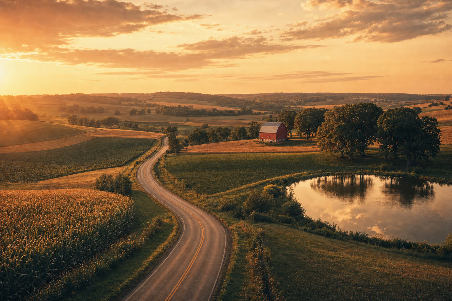 A two-lane country road winding through the patchwork farmland and low wooded hills of northern Ohio at golden hour, past a small red barn and a pond reflecting the sunset.